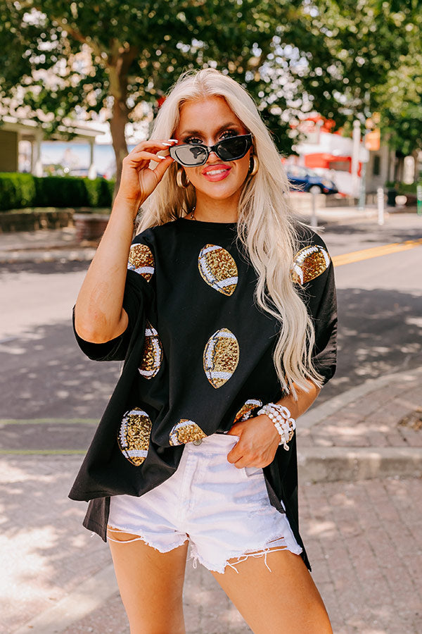 Premium Black Football Sequin Oversized Tee - Ultimate Game Day Style