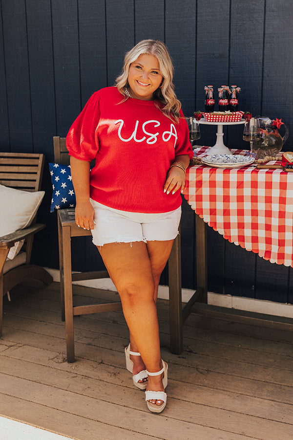 Premium USA Knit Sweater Top - Red Curves Design