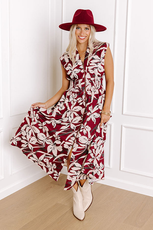 Premium Merlot Floral Midi Dress - Effortless Elegance