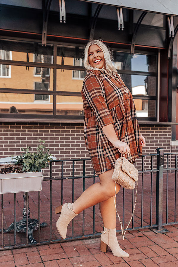 Premium Plaid Tunic Dress - Dark Camel Elegance for Curves