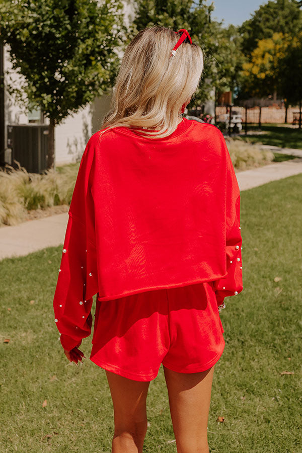 Premium Pearl-Embellished Crop Sweatshirt - Red | Ultimate Sideline Chic