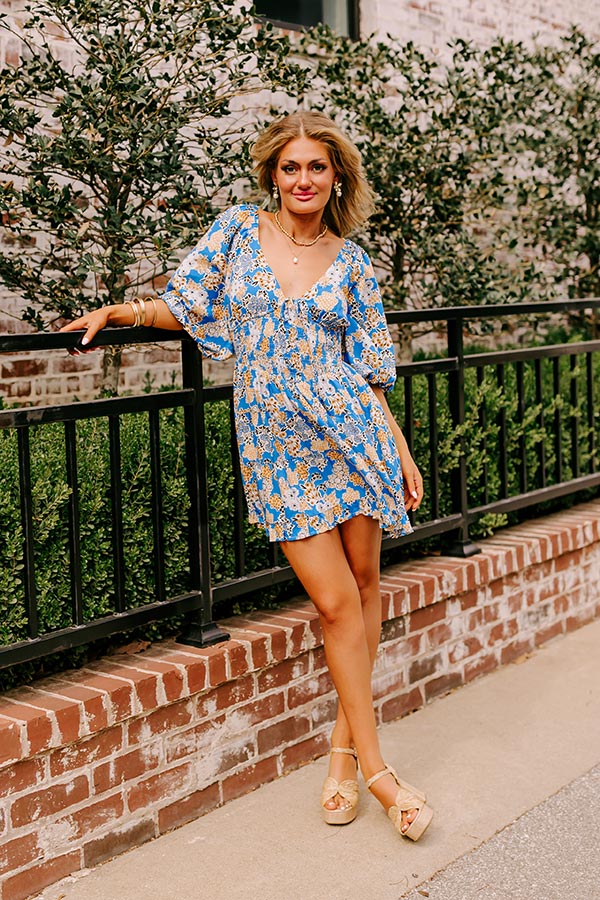 Premium Ocean Blue Floral Mini Dress - Whispering Muse Collection