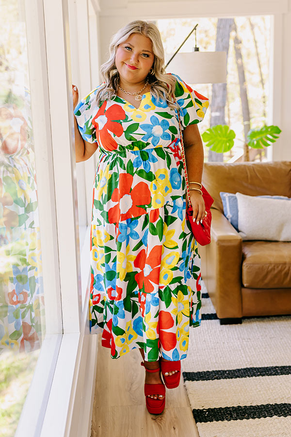 Premium Floral Midi Dress - Porch Swing Sunset Elegance