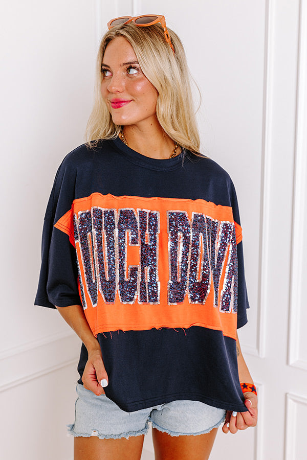 Ultimate Game Day Glow: Touchdown Sequin Oversized Tee in Navy/Orange