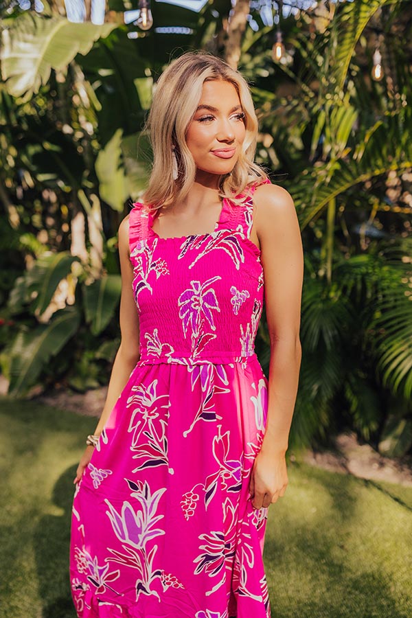 Premium Happy Blooms Smocked Midi Dress - Hot Pink