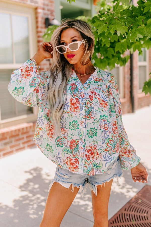 Premium Aqua Floral Button-Up Top - Ultimate Chic Style