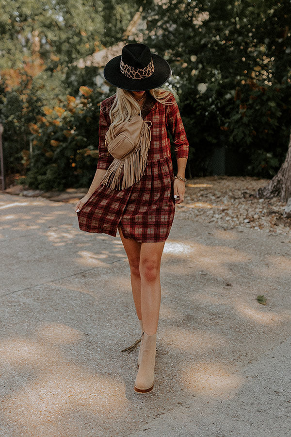 Premium Cherry Mood Plaid Tunic Dress - Wine Red Elegance
