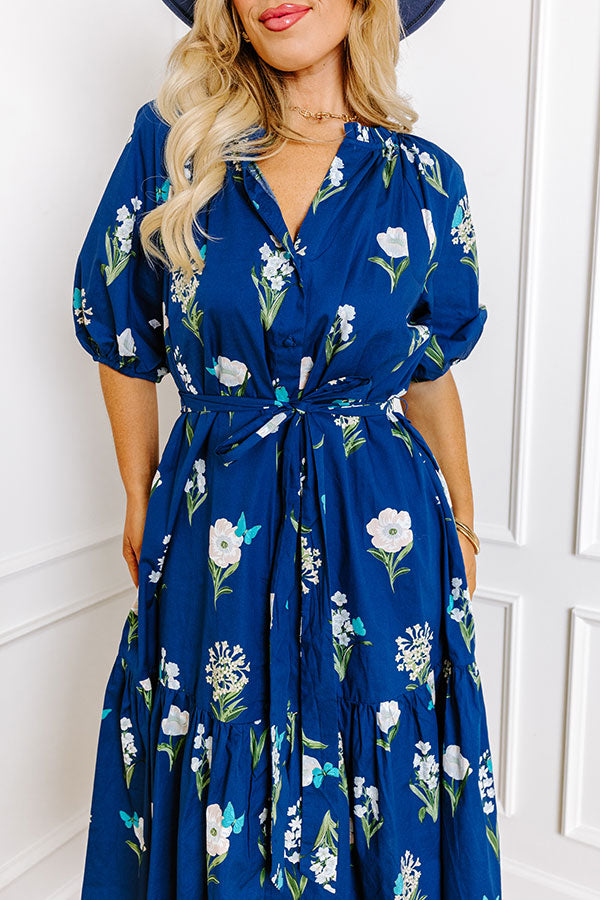 Premium Southern Countryside Floral Midi Dress - Blue Curves