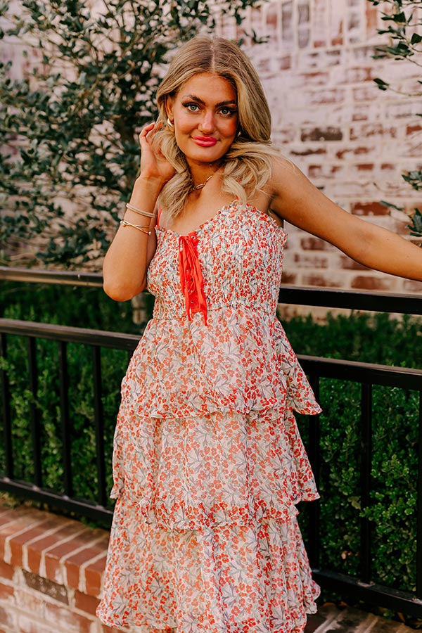 Premium Floral Chiffon Dress - Coral Midi with Tiered Design