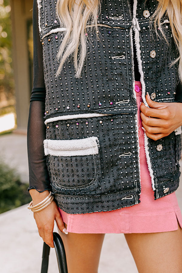 Premium Black Pearl Embellished Denim Vest by Denver Dreams