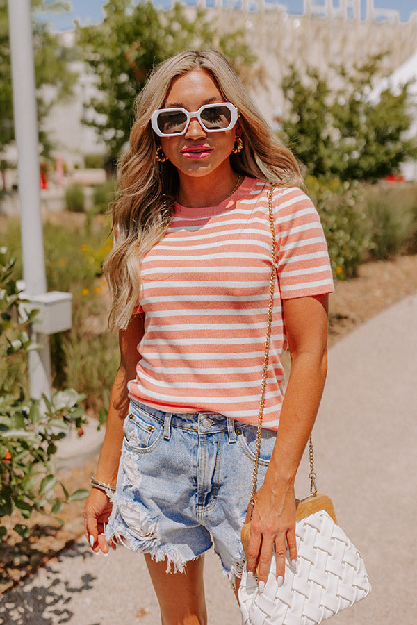 Premium Vacay Mode Striped Top - Light Coral