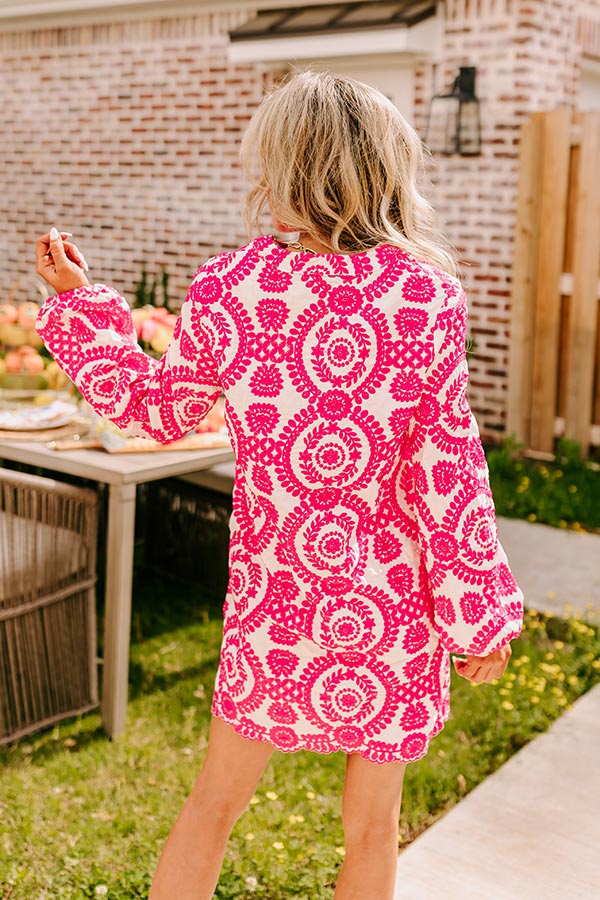 Premium Embroidered Tunic Dress - Hot Pink Floral Design