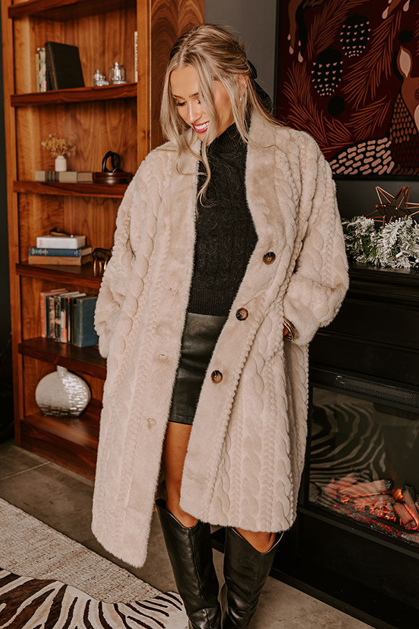 Premium Oatmeal Faux Fur Coat with Cable Knit Design