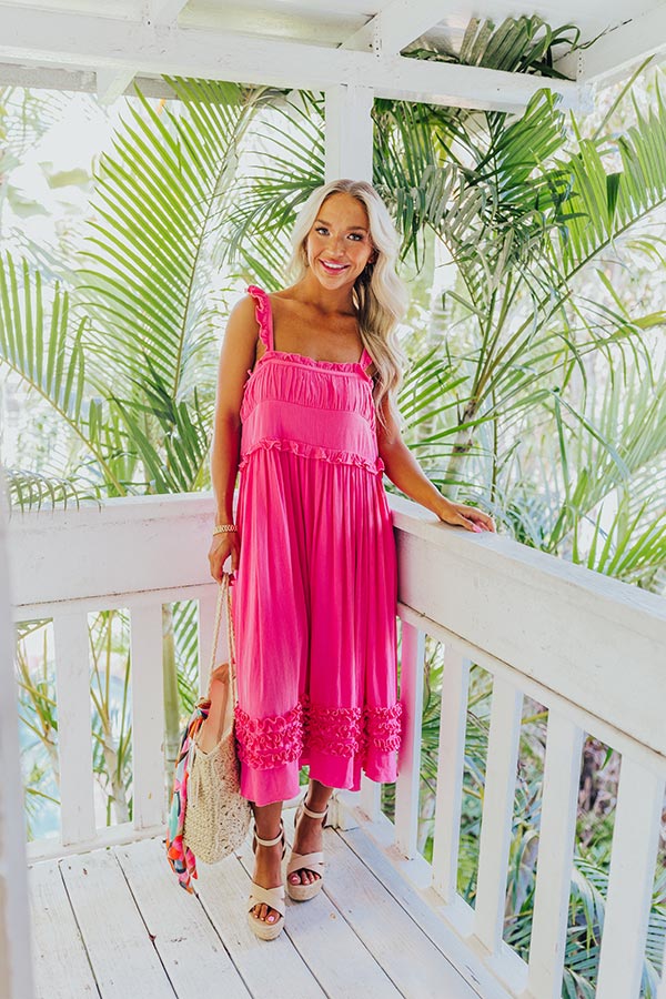 Ultimate Bayside Bliss Ruffle Midi Dress - Hot Pink