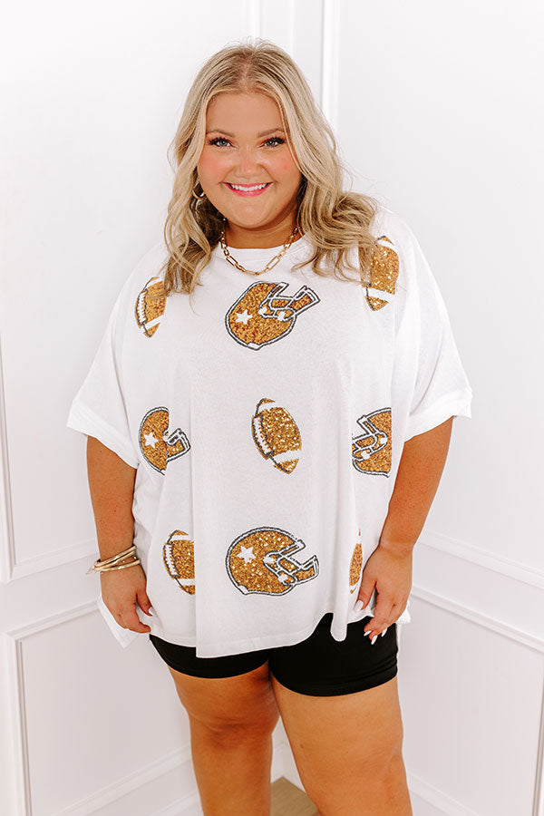 Ultimate Game Day Glam Sequin Oversized Tee - White Curves Edition