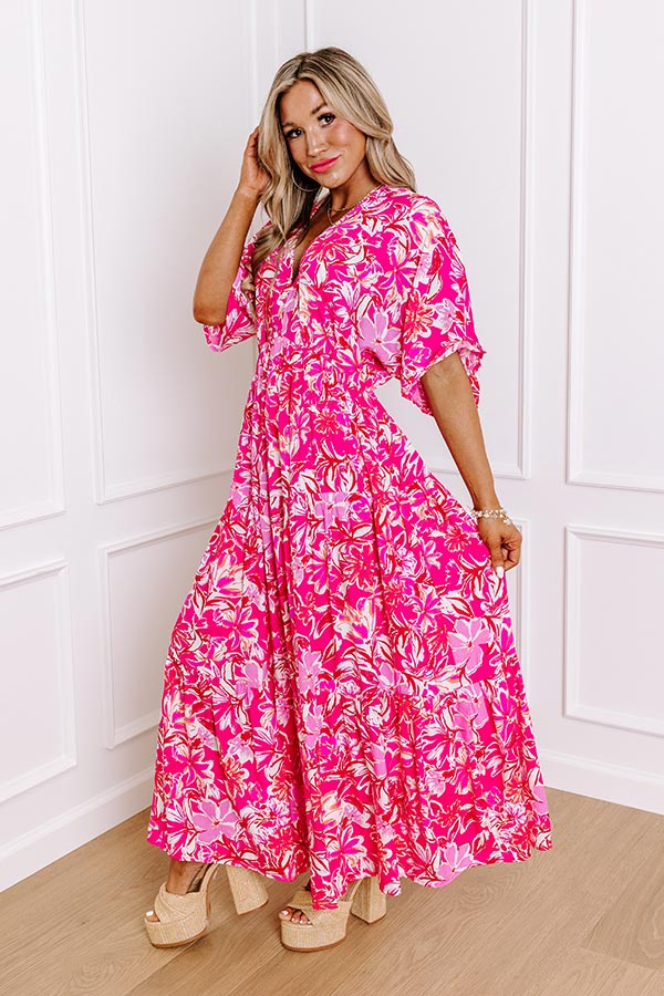 Premium Blossom Breeze Floral Maxi Dress - Hot Pink