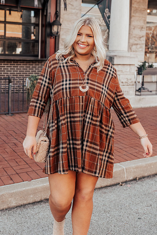 Premium Plaid Tunic Dress - Dark Camel Elegance for Curves