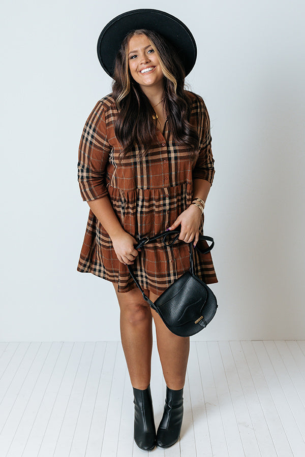 Premium Plaid Tunic Dress - Dark Camel Elegance for Curves