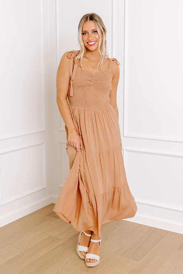 Premium Tucson Smocked Midi Dress in Iced Mocha - Ultimate Summer Style