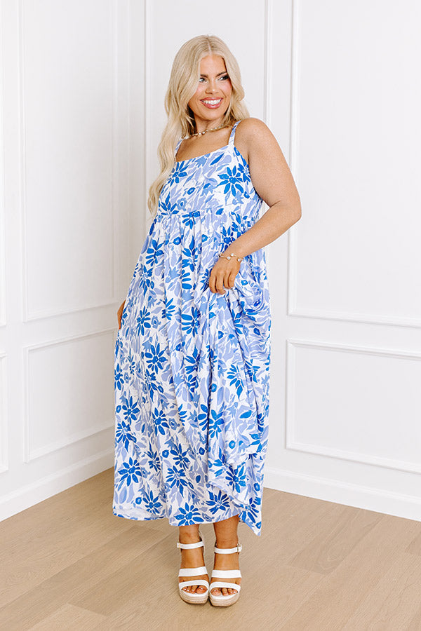 Premium Floral Midi Dress - Blue Curves Elegance