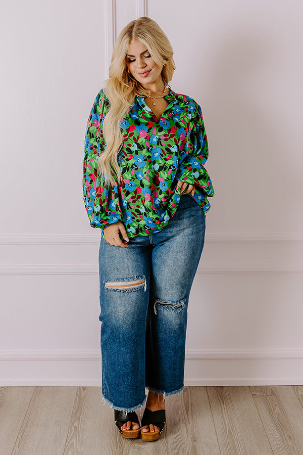 Premium Joy Shift Top - Luxe Green Curves Floral Print