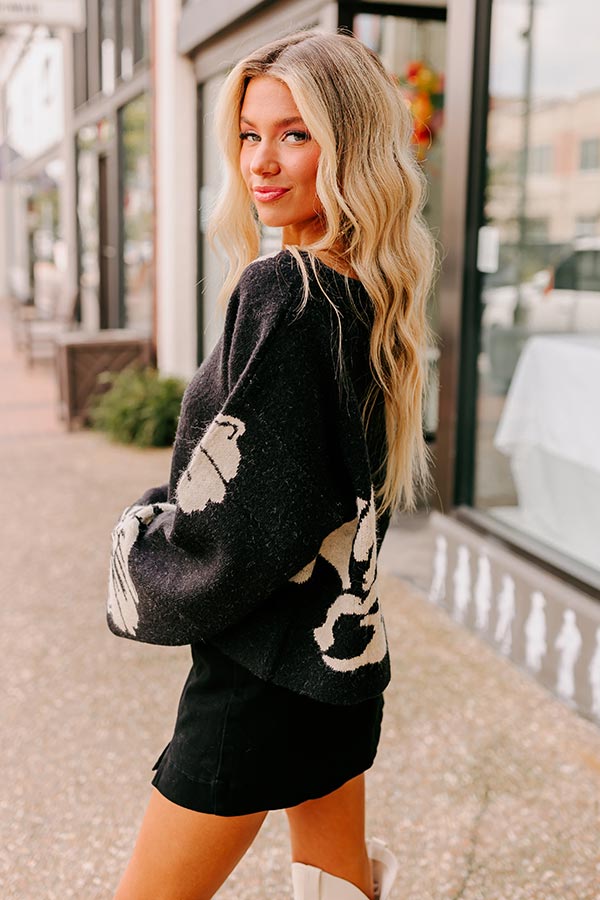 Premium Chai Latte & Floral Knit Sweater - Ultimate Cozy Black