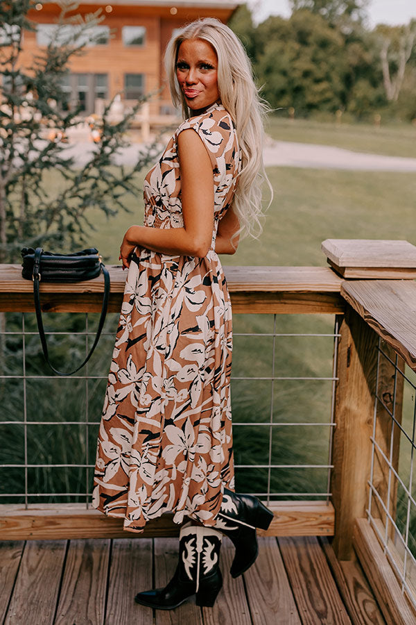 Premium Floral Midi Dress in Camel - Effortless Elegance