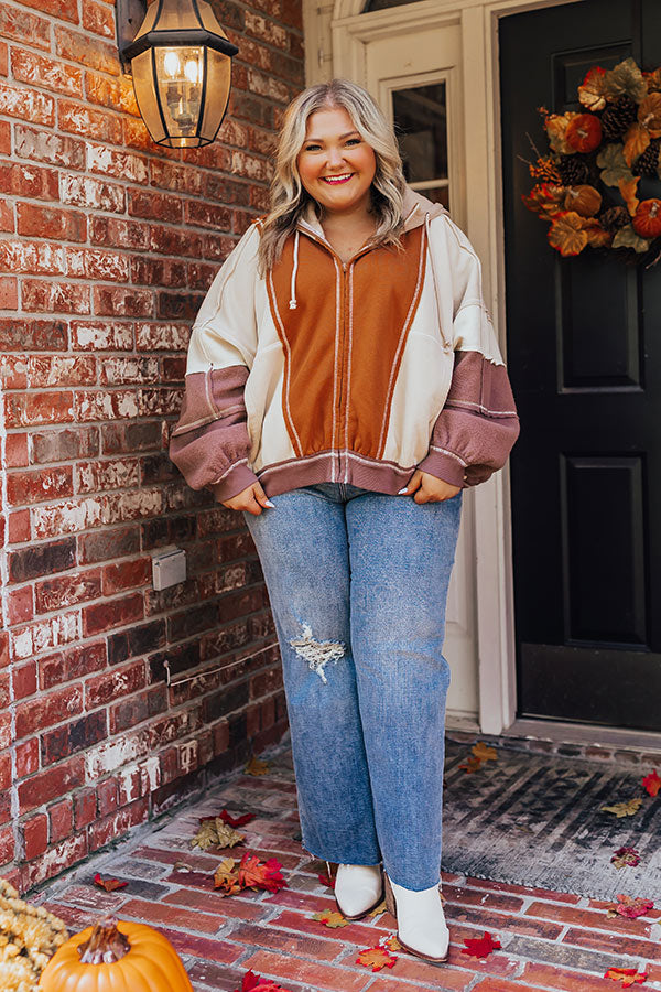 Premium Autumn Color Block Hooded Sweater - Brown Curves