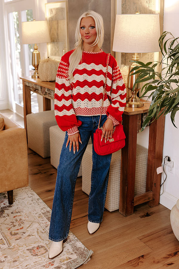 Ultimate Cozy Hot Cocoa Pointelle Knit Sweater - Red