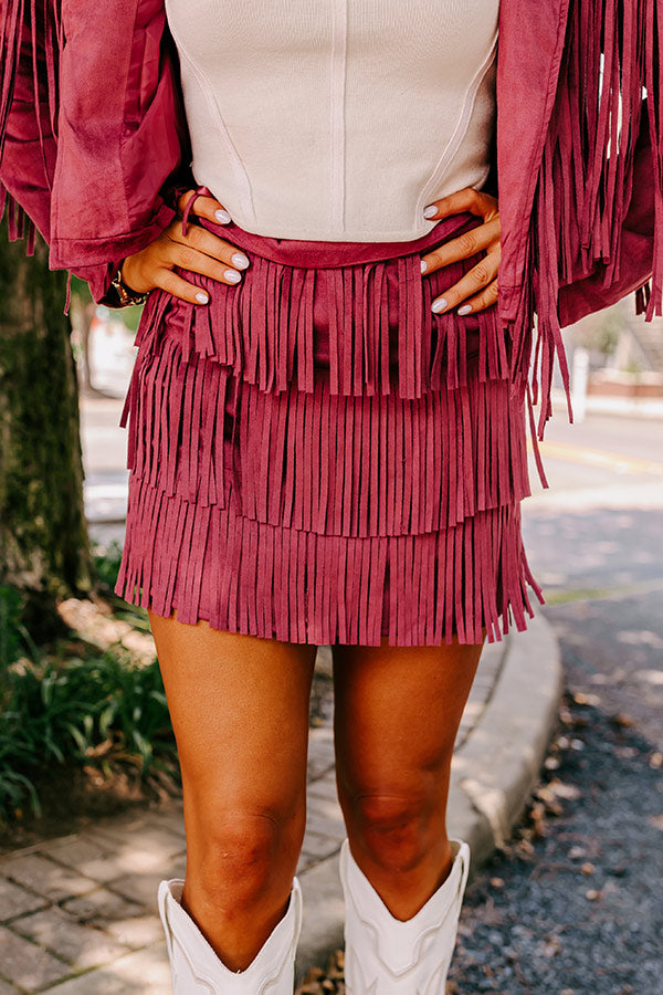 Premium Boho Fringe Skirt - Maroon Faux Suede