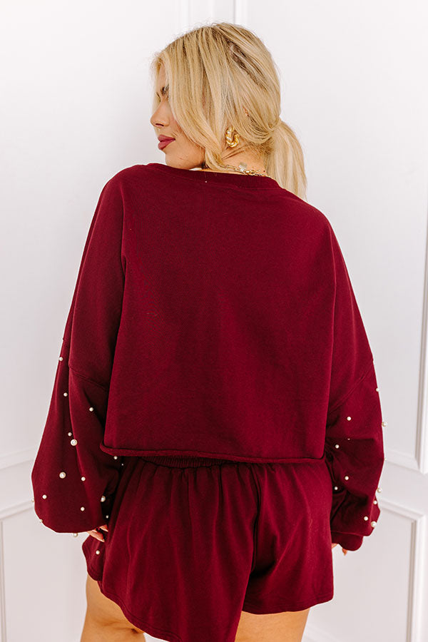 Premium Pearl Embellished Crop Sweatshirt - Maroon Curves Edition