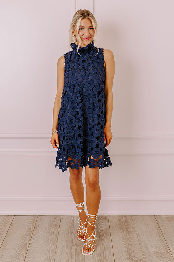 Premium Navy Crochet Mini Dress with Ruffled Neckline