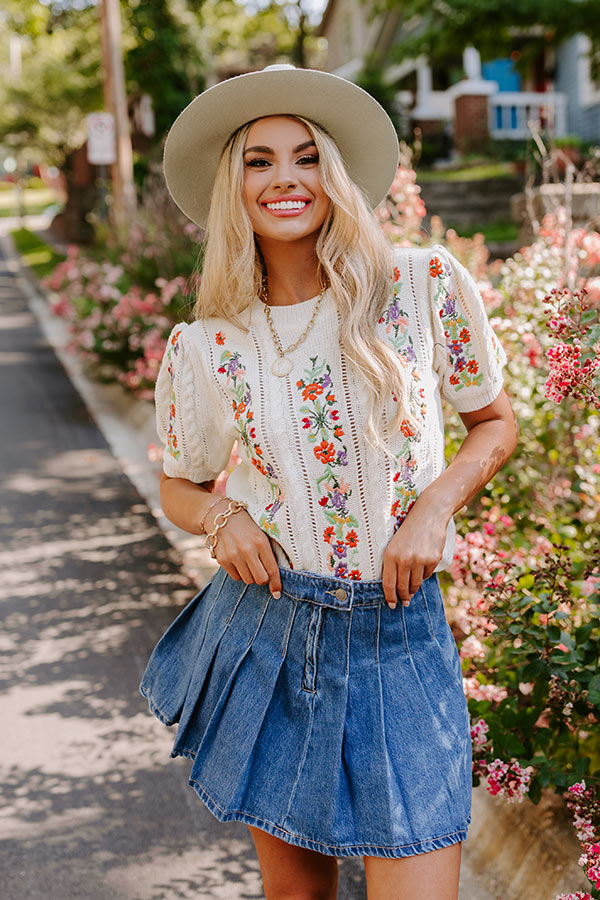 Premium Wildflower Fields Embroidered Knit Top in Ivory