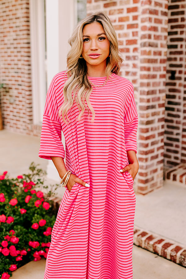 Premium Beach Day Terry Cloth Maxi Dress - Pink Stripes