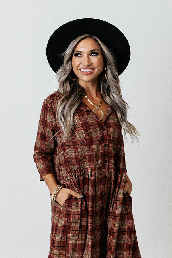 Premium Cherry Mood Plaid Tunic Dress - Wine Red Elegance