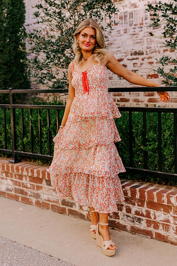 Premium Floral Chiffon Dress - Coral Midi with Tiered Design