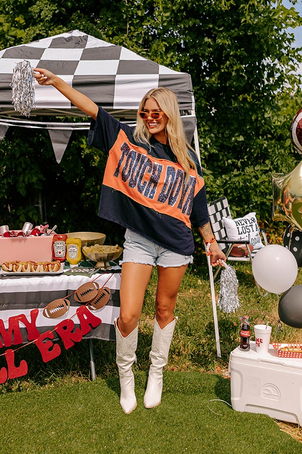 Ultimate Game Day Glow: Touchdown Sequin Oversized Tee in Navy/Orange