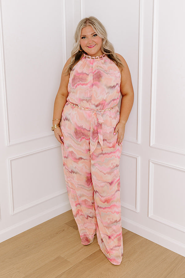 Premium Gala Glam Watercolor Jumpsuit - Elegant Pink Curves