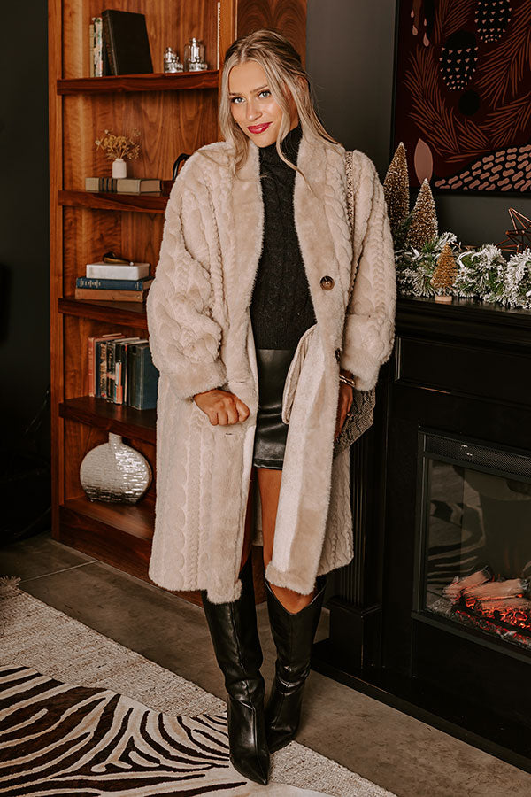 Premium Oatmeal Faux Fur Coat with Cable Knit Design