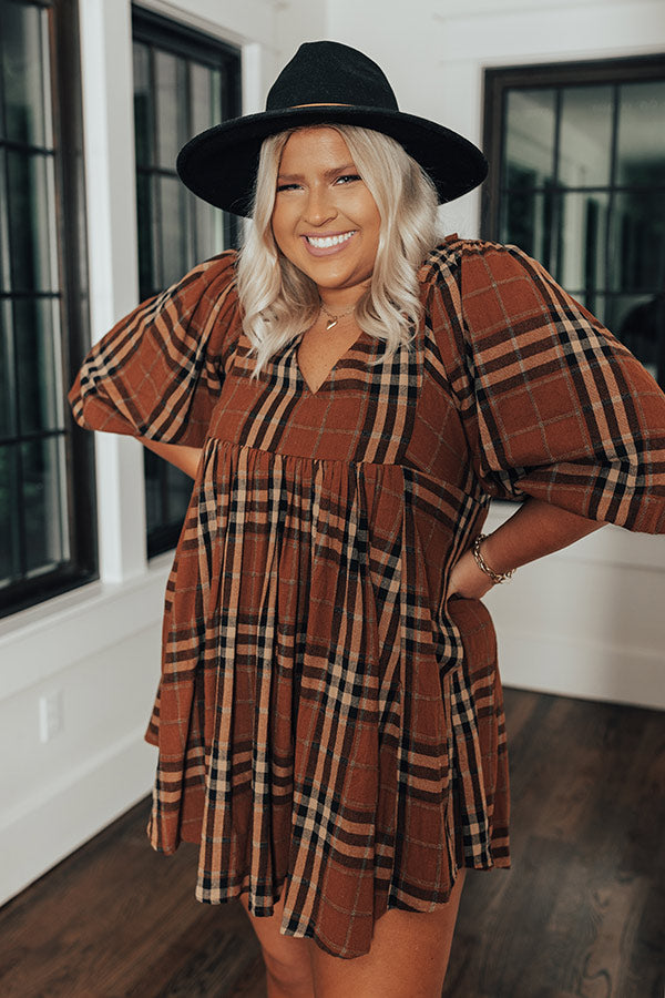 Premium Plus Size Plaid Babydoll Dress - Camel Curves Collection