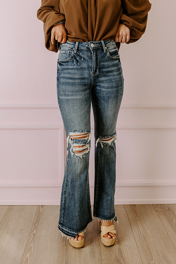 Premium High Waist Distressed Flare Jeans - Dark Wash