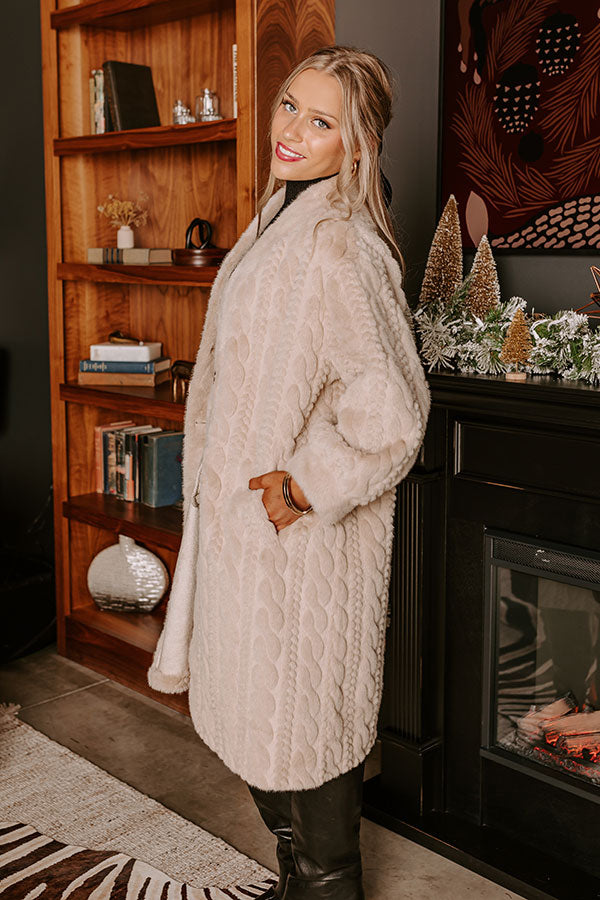 Premium Oatmeal Faux Fur Coat with Cable Knit Design