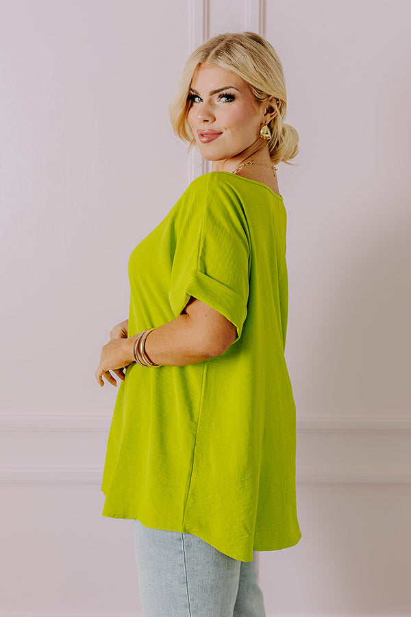 Premium Lime Curves Shift Top with Peonies & Champagne Accents