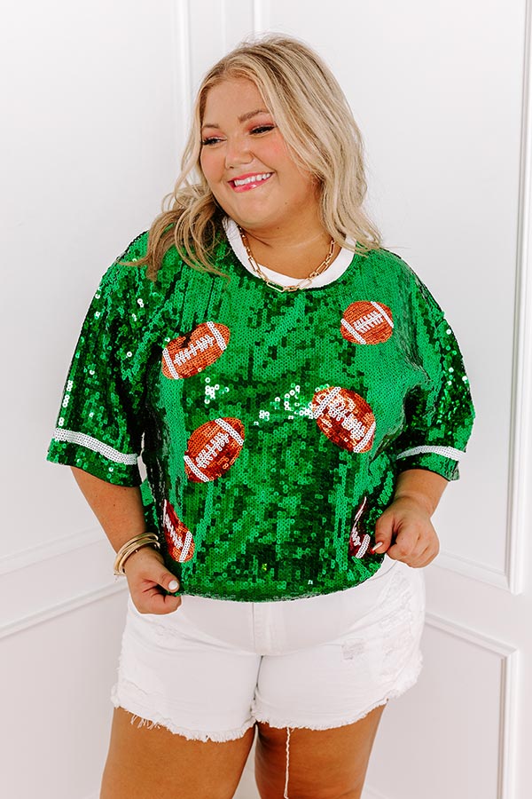 Ultimate Game Day Glow-Up: Green Curves Sequin Football Top