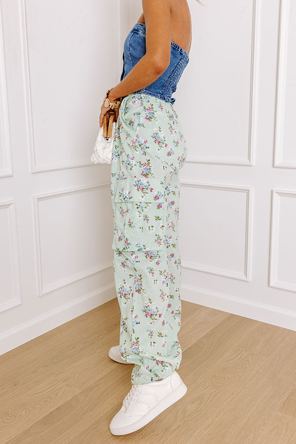 Premium Free Spirit High Waist Floral Cargo Pants in Mint - Ultimate Comfort & Style