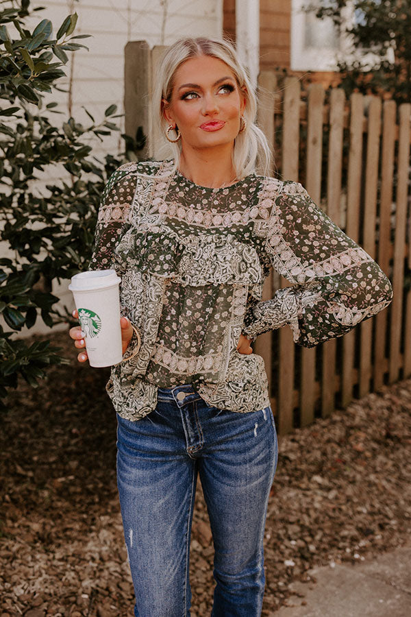 Premium Olive Floral Paisley Shift Top