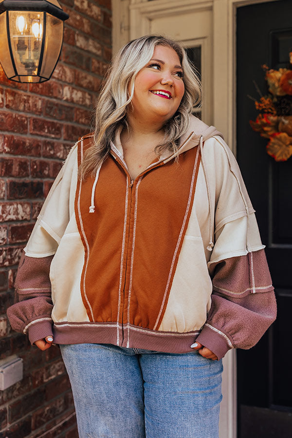 Premium Autumn Color Block Hooded Sweater - Brown Curves