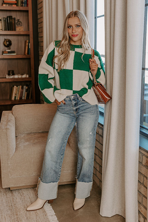 Premium Checkered Knit Sweater - Hunter Green & Ivory