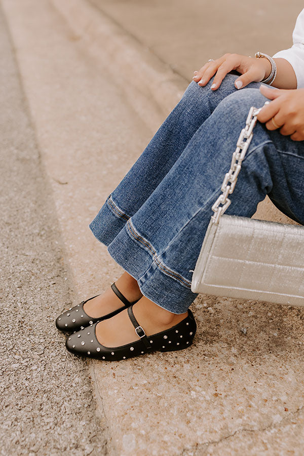 Premium Black Iris Rhinestone Embellished Faux Leather Flats