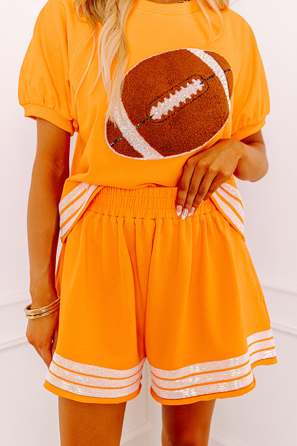 Ultimate Game Day Sparkle: High Waist Sequin Shorts in Orange